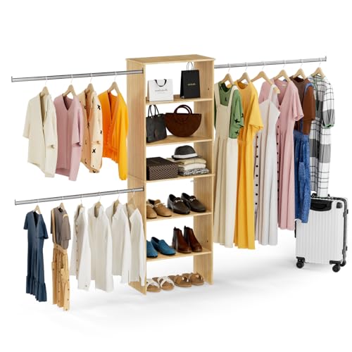 ROOMTEC Closet System, 25.5" Wide Wall-Mounted Closet Organizer Kit with Wood Storage Tower and 3 Hanging Rods, Wardrobe Closet System for Walk-In Closets, Wood - color: Wood, size: 25.5 Inch