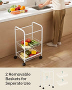 SONGMICS 3-Tier Metal Rolling Cart, Storage Cart with Removable Baskets, Utility Cart with Wheels and Handle, for Kitchen, Bathroom, Laundry Room, White UBSC003W01 - color: White