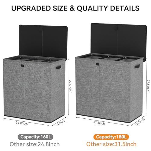 WOWLIVE Laundry Hamper with Lid,180L Large Laundry Basket 3 Section with Removable Washing Bags,Collapsible Waterproof Dirty Clothes Hamper for Laundry Room Bathroom Dorm,Gray - color: Gray, size: 180L (31.5x 12.2 x 27.5 Inches)