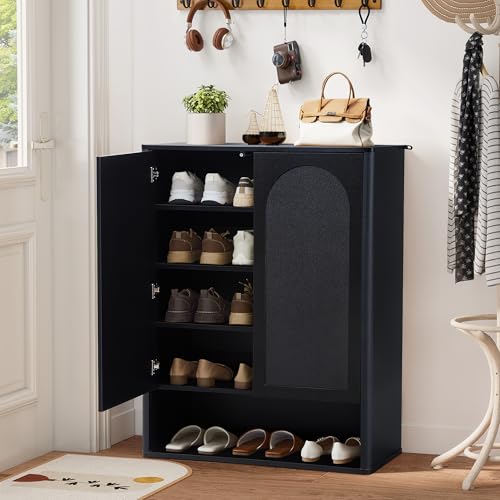 Shoe Cabinet, 5 Tier Wooden Shoe Storage Organizer Cabinet with Adjustable Shelves, Shoes Rack Accent Cabinet for Entryway Hallway Living Room, Black - color: Black