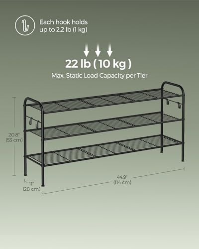 SONGMICS Shoe Rack, 3-Tier Shoe Organizer, Metal Shoe Shelf Storage with 4 Side Hooks, Holds 24 Pairs of Shoes, Height-Adjustable Shoe Rack for Entryway, Hallway, Closet, Ink Black ULMR131B01 - color: Ink Black, size: 3 Tiers (44.9"W)