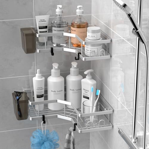 AKTECKE Corner Shower Caddy Shelf Rack: 2 Pack Adhesive Shower Organizer Essentials - No Drilling Stainless Steel Bathroom Storage Rack with Hooks and Toothpaste Holder - color: bright silver, size: 9.6"×9.6"×2.6"