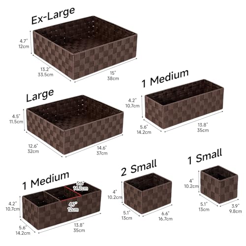 Drawer Organizer, Cube Baskets for Storage Shelves, Handmade Small Woven Basket, Shallow Storage Bins for Organizing Desk, Dresser, Kitchen, Pantry, Nested 7 Pack, Brown - color: Brown