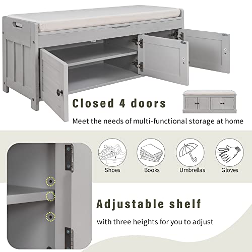 P PURLOVE Farmhouse Storage Bench for Entryway,Wood Storage Benches with Adjustable Shelves,Shoe Bench with Storage and Removable Cushion for Entryway,Gray Wash - color: Gray Wash, size: With 4 Door