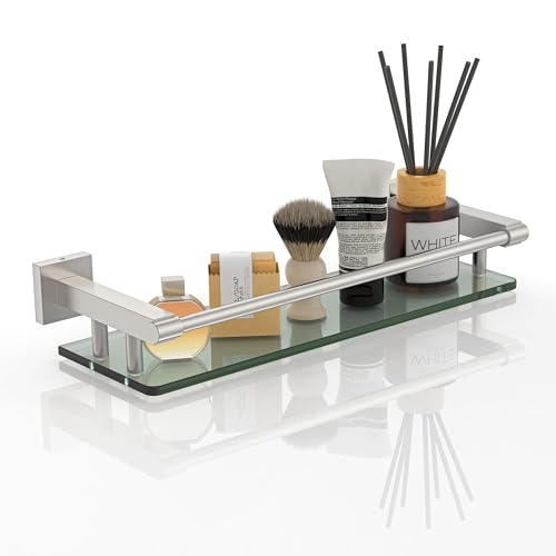 Glass Shelves for Bathroom, 16IN Brushed Nickel Bathroom Shelves for Wall Rectangular Stainless Steel Tempered Glass Modern use for Shelf Sink Over Toilet - color: Brushed Nickel, size: 16'' with Railing