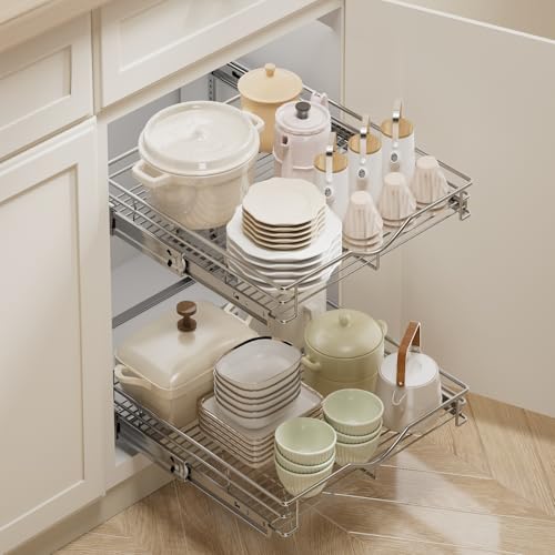 DINDON Pull Out Cabinet Organizer (14" W X 21" D), Cabinet Pull Out Shelves, 2 Tier Pull Out Drawers for Kitchen Cabinets, Wire Basket Slide Out Shelf for Cabinet Organization in Kitchen, Pantry - size: 14'' W X 21'' D