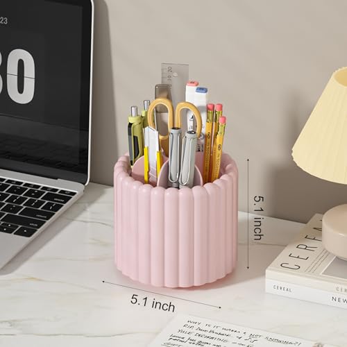 Anyoifax 360° Rotating Pen Holder 7 Slots Desk Organizer Removable Pencil Cup Plastic Art Supplies and Accessories Desktop Storage Box Caddy for Office, School, Home (Pink) - style: Stripe Pink