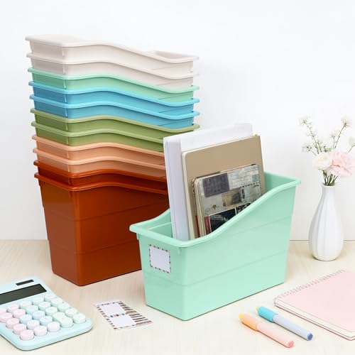 12 Pack Large Book Bins, Durable Magazine Organizer File Holder High-Quality Plastic Book Storage Bins with Labels for Classroom Library, Office, Desktop Organization, Bookshelf Categorization (Boho) - color: Boho