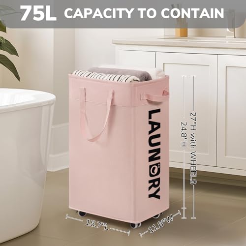 Goodpick Pink Laundry Baskets with Wheels 2-Pack, 75L Rolling Laundry Basket with Removable Wash Bags, Large Laundry Hamper for Corner Dorm, Collapsible Laundry Basket on Wheels - color: Pink 2-Pack