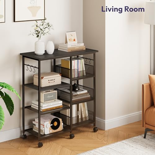 SWTYMIKI Kitchen Island Cart on Wheels - 28.35x14.57in Rolling Kitchen Table Cart with Storage Shelves, 6 Removable Hooks& Locking Casters, Coffee Bar Cabinet for Dining Room Pantry Office, Black - size: 28x14.57in, style: Black