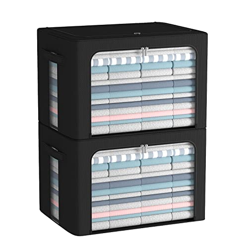 CYhom Clothes Storage Bins Box - Linen Fabric Foldable Stackable Container Organizer Set with Clear Window & Carry Handles & Metal Frame (Black, Large-66L) - color: Black, size: Large-66L
