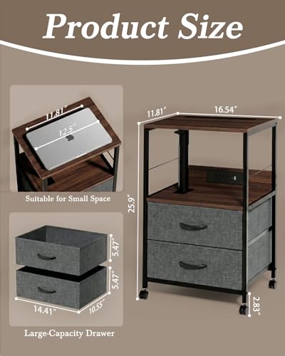 Faesun Swivel Lift Top Nightstand with Charging Station, Rolling Side Table for Recliner, Bedside Table with Wheels & 2 Fabric Drawers, for Small Spaces, for Bedroom, Living Room, Walnut Gray - color: Walnut Gray, size: 2 Drawers