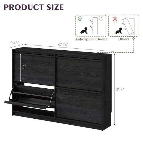 Shoe Cabinet with 4 Flip Drawers, Modern Narrow Shoe Storage Cabinet Organizer with Adjustable Shelf, Hidden Freestanding Shoe Rack for Entryway, Hallway, Living Room, Black - color: Black, size: 9.45"D x 47.24"W x 31.5"H(4 drawers)