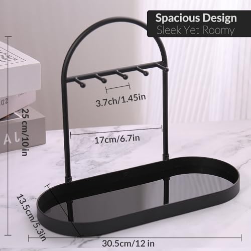Shinpuru Metal Jewelry Organizer Stand & Key Holder Tray with Acrylic Base, Key Stand and Jewelry Tray with 5 Hooks, Perfect Bowl, Valet, Key Tray, Ring Holder, Jewelry Dish(Matt Black) - color: Matt Black