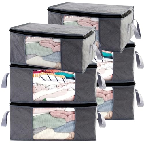 Storage Clothes Bins Closet Bags - 35L Containers Organizer Boxes Clothing Bin Organization for Organizing Blanket Pillow Sheet Sweater, Foldable Bedroom Small Storage Totes With Lids Zipper, 6pc Pack - color: Gray 6pc Pack