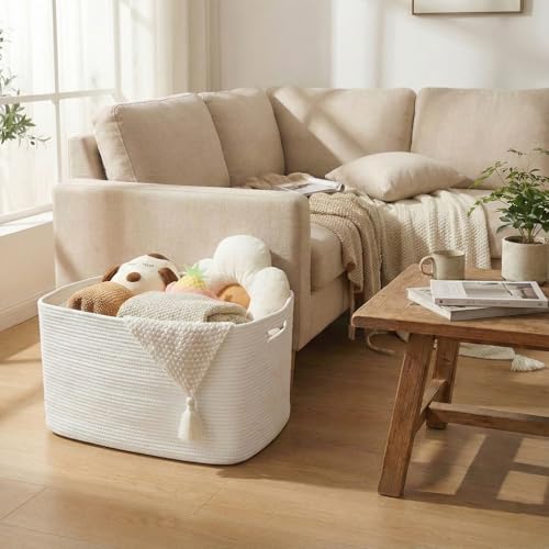 JMvicyroam Woven Blanket Basket,65L Large Storage Bin for Blankets Toys Clothes,Decorative Rope Basket for Living Room Bedroom with Handles, White - color: White, size: 65L