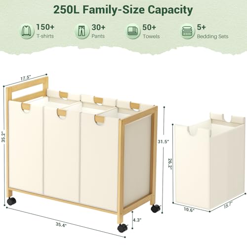 Homykic 250L Laundry Sorter Cart with Wheels, 3-Section Rolling Laundry Basket with Removable Bags, 66 Gal Large Laundry Hamper Organizer, Heavy Duty Bamboo Frame, Water-Resistant, Black - color: Creamy White