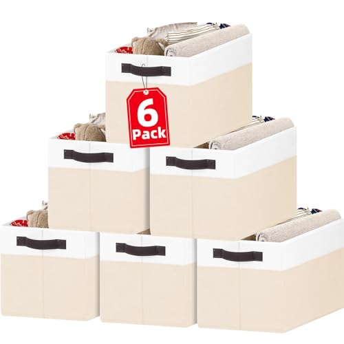 Criusia 6 Pack Large Toy Box Chest, Collapsible Sturdy Toy Storage Organizer Bins Baskets for Kids, Boys, Girls, Nursery, Playroom, Shelf Baskets for Lego Puzzle Balls, Game Organizer (14L*10W*9.5H) - color: White with Beige, size: 6pcs - Rectangular 14"x