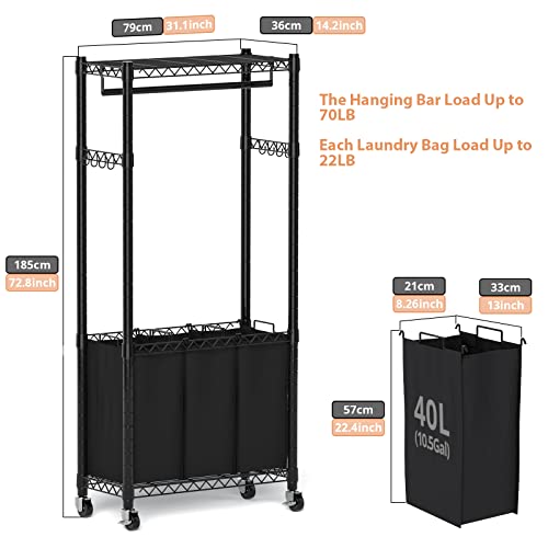 Hodonas Rolling Laundry Basket Organizer with Wheels and Hanging Bar, Laundry Hamper Cart Laundry Sorter 3 Section, Dirty Clothes Hampers for Laundry Bedroom Bathroom w/ 3 Removable Bags, Black - color: Black