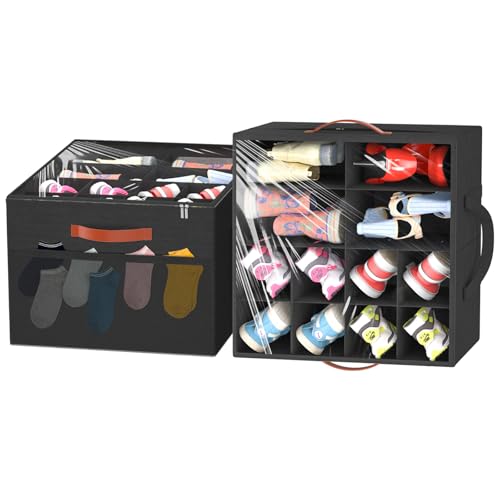 Aokeyee 2 Pack Shoe Organizer for Closet, Foldable Shoe Storage Organizer Box w/Clear Cover and 4 Reinforced Handles, Space Saving Shoes Bin Fits up to 32 Pairs, Black - color: Black, size: Fits up to 32 Pairs