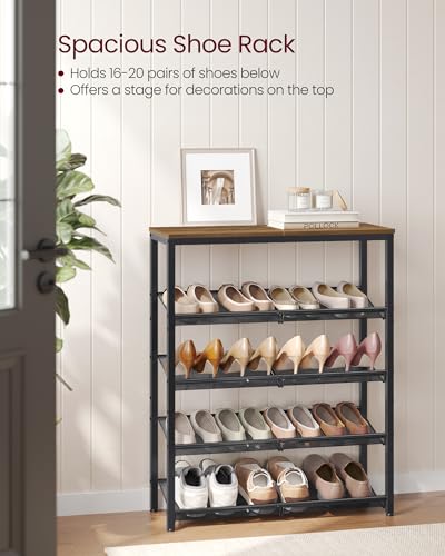 VASAGLE Shoe Rack for Entryway, 5-Tier Shoe Rack Organizer with Storage Shelves and Spacious Top, Freestanding, Adjustable, Industrial, Honey Brown and Ink Black ULBS038K01 - color: Honey Brown + Ink Black, size: 5 Tiers (29.5"W)