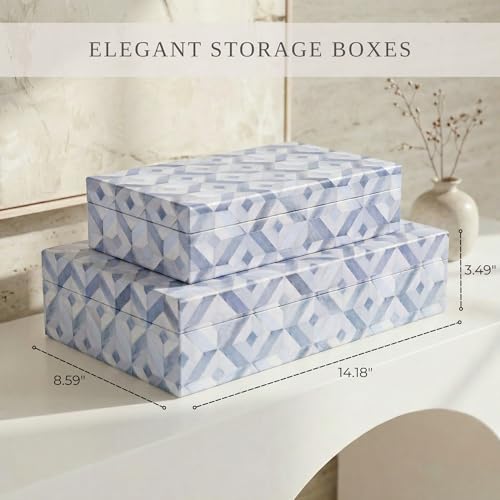 ZICOTO Decorative Storage Boxes with Lids - Set of 2 Beautiful Organizer Bins for Your Bookshelf Home Decor - Safely Store Photos, Documents and Memory Box Keepsakes on Your Shelves in Style - color: Blue