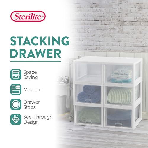 Sterilite 12-Pack 27 Quart Stacking Drawer, Clear Storage Closet Organizer, White Frame - Stackable Modular Plastic Drawers for Clothes, Accessories, Craft Supplies, Shoes or Linens - size: 27 Quart, style: 12 Pack