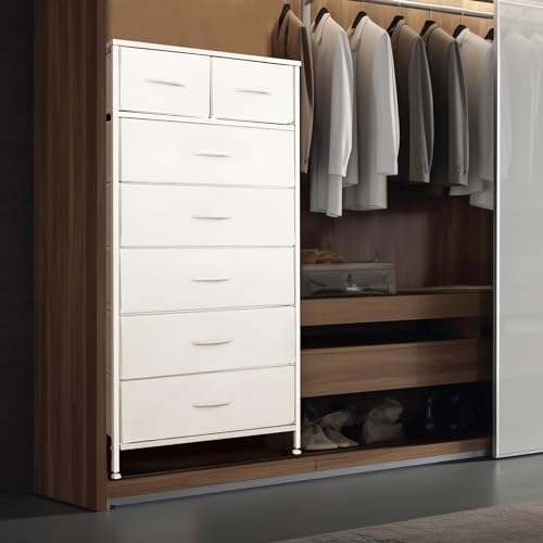 Mifuro Tall Dresser for Bedroom, Vertical Storage Organizer Tower with 7 Drawers, Chest of Drawers with Fabric Bins, Steel Frame, Wood Top for Bedroom, Closet, Entryway- White - color: White, size: 7 Drawers