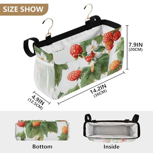 Bedside Caddy Metal Frame Hanging Organizer Bunk Bed Dorm Accessories Hook And Loop Storage Bag Large Pockets Cute Red Orange Raspberry Leaves - color: Cute Red Orange Raspberry Leaves