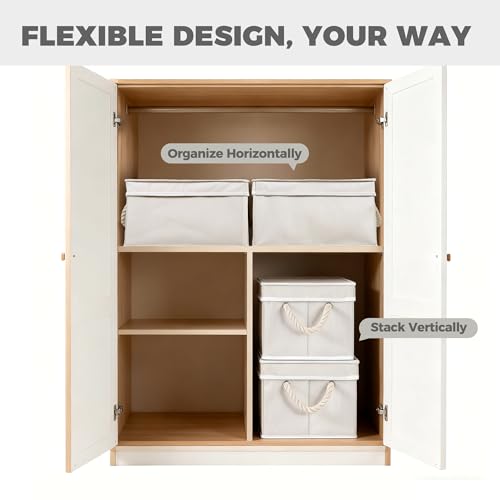 Set of 3 Fabric Bins for Organization - Foldable & Stackable With Lid & Rope Handles - Collapsible Fabric Storage Cubes Lightweight & Sturdy Bottom, Space Saving Collapsible Bin, Ivory
