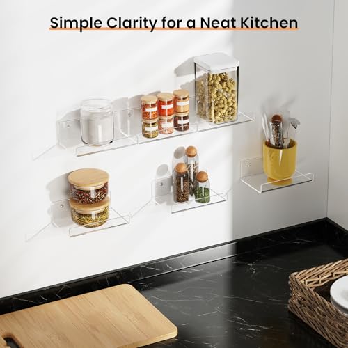 upsimples 6 Pack 6x4 Inches Acrylic Small Shelves, Floating Shelves for Wall, Display Shelf Organizer for Plants, Speaker, Radio, Toys, Clear - size: 6x4"