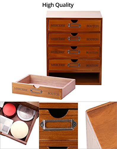 QWORK Vintage Wooden Home Office Desk Organizer with 5 Drawers - Rustic Desktop Storage Box for Jewelry, Cosmetics, Craft Paper & More