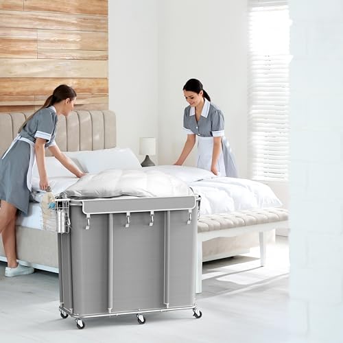 Simple Houseware Extra Large 2 Section Rolling Laundry Cart 265L (70 Gal) – Heavy Duty Hamper with 2 Removable Bags & 6 Smooth Wheels – Commercial Laundry Organizer for Home, Hotel, Dorm, Gym, Gray