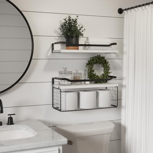 WOPITUES Floating Shelves with Wire Storage Basket, Bathroom Shelves Over Toilet with Protective Metal Guardrail, Wood Wall Shelves for Bathroom Organizers and Storage, Toilet Paper-White - color: White