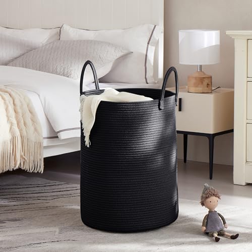 80L Extra Large Black Laundry Hamper Tall Woven Rope Laundry Basket for Clothes Modern Blanket Storage Basket in Living Room Bedroom 16"L x 16"W x 22"H - color: Black, size: Extra Large (80L)