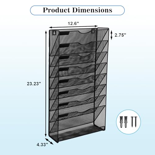 EASEPRES Desk File Organizer Mesh 9-Tier, Hanging Wall Mount Document Organization Stand, Desktop Vertical Mail Paper Folder Holder Rack with Bottom Tray for Office Home Cubicle Countertop, Black - color: Black, size: 8 Tier Upgrade
