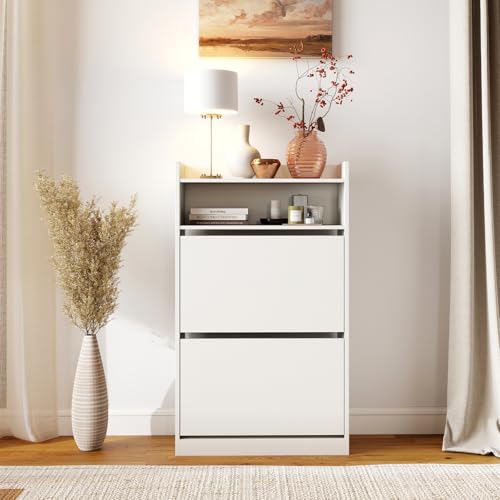 GOFLAME Shoe Storage Cabinet with 2 Flip Drawers, Hidden Shoe Storage Organizer with Adjustable & Removable Shelves, Freestanding Narrow Shoe Rack for Entryway, Hallway, Living Room, White