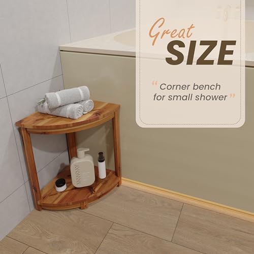 HOLANA 18" Wood Corner Shower Bench & Corner Shower Stool with Storage Shelf - Footrest for Shaving Legs - Bath Step for Small Spaces - Perfect for Indoor or Outdoor (Acacia) - color: Acacia
