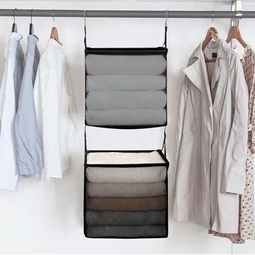 STORAGE MANIAC 2-Shelf Hanging Closet Organizer, Cloth Hanging Closet Shelf, Hanging Closets Baskets with Hooks for Dorm, Apt, Bedroom, College, Garment Rack, Wardrobe, Fabric with Mesh, Black - style: Black