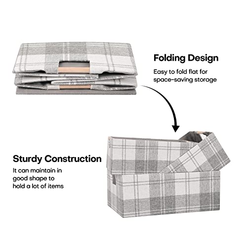 Fabric Storage Bin Box Collapsible Cotton Linen Storage Cube with Wooden Handles Rectangular Decorative Home Organizer Clothes Blanket Basket– Light Gray Plaid, Small - color: Light Gray Plaid, size: Small