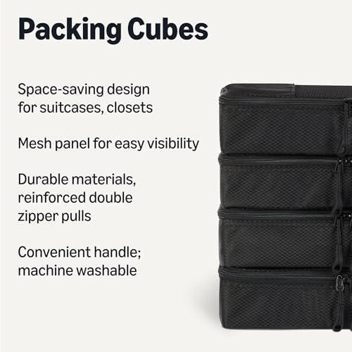 Amazon Essentials 4-Piece Packing Cubes Travel Accessories Set, Luggage Organizer with Double Zipper, Mesh Top, Space-Saving, Slim, Black (Previously Amazon Basics) - color: Black, size: 4 x Slim