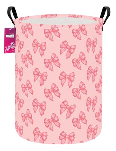Laundry Hamper Large Canvas Fabric Lightweight Storage Basket/Toy Organizer/Dirty Clothes Collapsible Waterproof for College Dorms, Boys and Girls Bedroom,Bathroom(Pink bowknots) - color: Pink bowknots