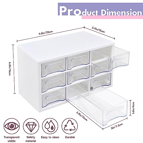 Desk Storage Organizer with 9 Drawers, FODIENS Stackable Desktop Craft Drawer Cabinet, Clear Storage Box Caddy for Makeup Jewelry Office Craft Supplies (9.84×6.3×5.9in) (White) - color: White