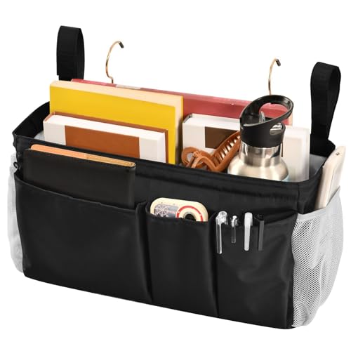 Black Bedside Caddy Storage Bag Bedside Organizer for Bed Rails College Dorm Room Organizer Caddy Hanging Shelf 6 Pockets with Hooks for Drinks Magazine Phone Holder - color: Black