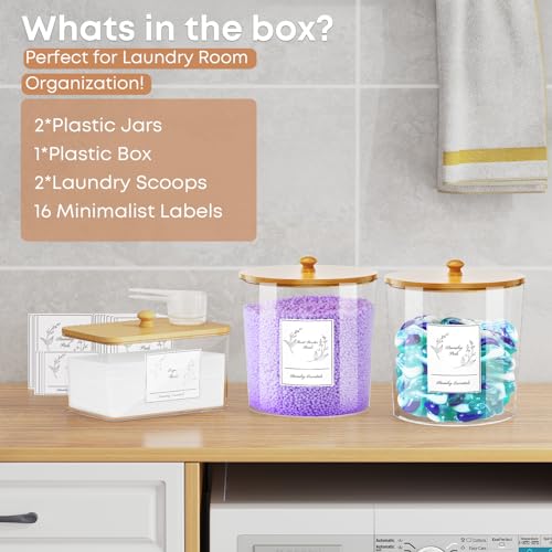 COAZEX 3 Pack Laundry Powder Container & Dryer Sheet Holder, Large Plastic Laundry Room Organization and Storage Jars with Lids, Labels & Scoops for Powder, Detergent, Scent Booster - color: B-Clear