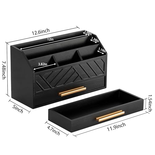 dreampossible Black Wood Desk Organizer and Accessories with Drawer, Bill Mail Organizer and File Mail Holder for Office Supplies, Modern Desk Accessories & Workspace Organizers for Desk Organization - color: Black A