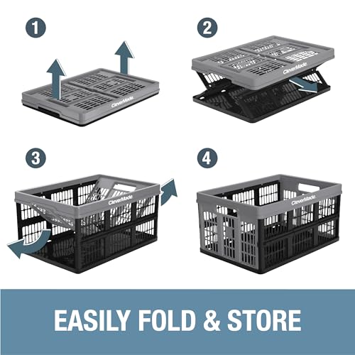 CleverMade Collapsible Utility Crate, Stone, 1PK - 32L (8 Gal) Collapsible Storage Bins, Holds 40lbs Per Bin - Plastic Stackable Grated Wall Utility Containers, CleverCrates Baskets
