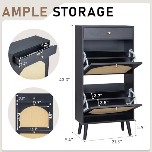 Karl home Shoe Rack Storage Organizer, Rattan-Panel 1-Drawer 2-Tilt-Out Shoe Storage Cabinet, Hidden Shoe Storage for Entryway,Ideal for Heels,Slippers,Casual Shoes,Black - color: Black, size: 1-Drawer 2-Tilt-Out