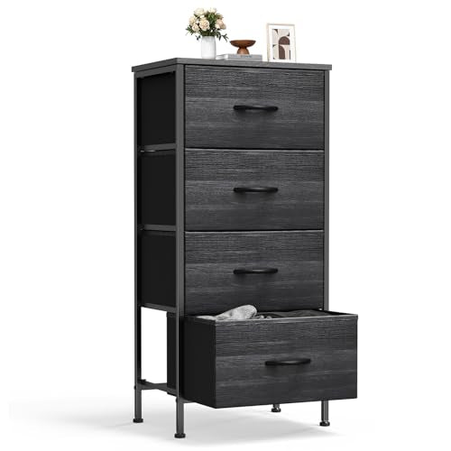 Sweetcrispy Nightstand Small Bedroom Dresser with 4 Fabric Drawers,Bed Side Furniture End Table,Wooden Top Cabinet Night Stand Dresser for Closet,Entryway,Dorm,Black Wood Grain - color: Black Wood Grain, size: 17.7"D x 11.8"W x 37"H (4 Drawers)
