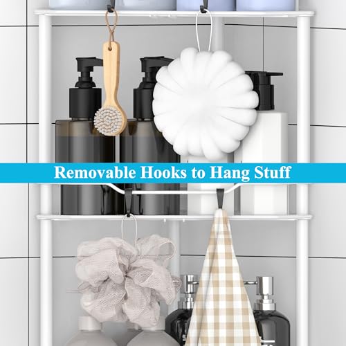 HuggieGems 3 Tier Floor Standing Corner Shower Caddy Organizer Shelf with Hooks, Bathroom Shelves Stand Rack, White - color: White, size: 3 Tier